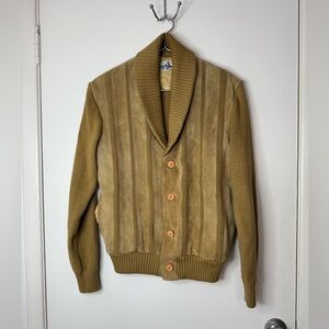 Vintage men’s Repage mustard, leather & knit, shawl neck, button-down cardigan M